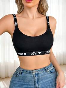 Women Simple Heart & Letter Knitting Bra - Black - View 1