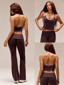 GLOWMODE FeatherFit™ In It To Win It Soft Sweat-Wicking Lightweight Colorblock Halter Tank Top With Removable Cups Yoga Pilates Studio Daily Active Wear - Brown - View 8