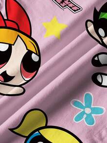 THE POWERPUFF GIRLS X SHEIN 少女圓領卡通印花休閒百搭日常出遊短袖T恤 - 白色 - 查看 6