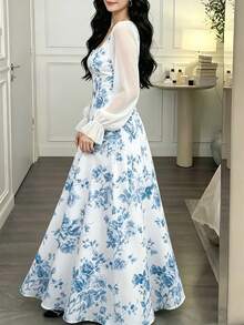 Modelyn 鈷藍色玫瑰花卉印花大尺碼女裝洋裝，女款時尚方領燈籠長袖長洋裝，夏季收腰優雅長裙，花卉圖案白色洋裝，適合夏季度假與日常穿著 - 彩色 - 查看 3