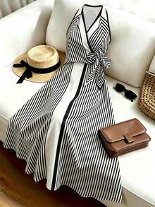 SHEIN Franclia Black & White Striped Halter Dress, Elegant Vacation Style Slimming A-Line Dress, Suitable For Commuting, Dating - Black - View 1