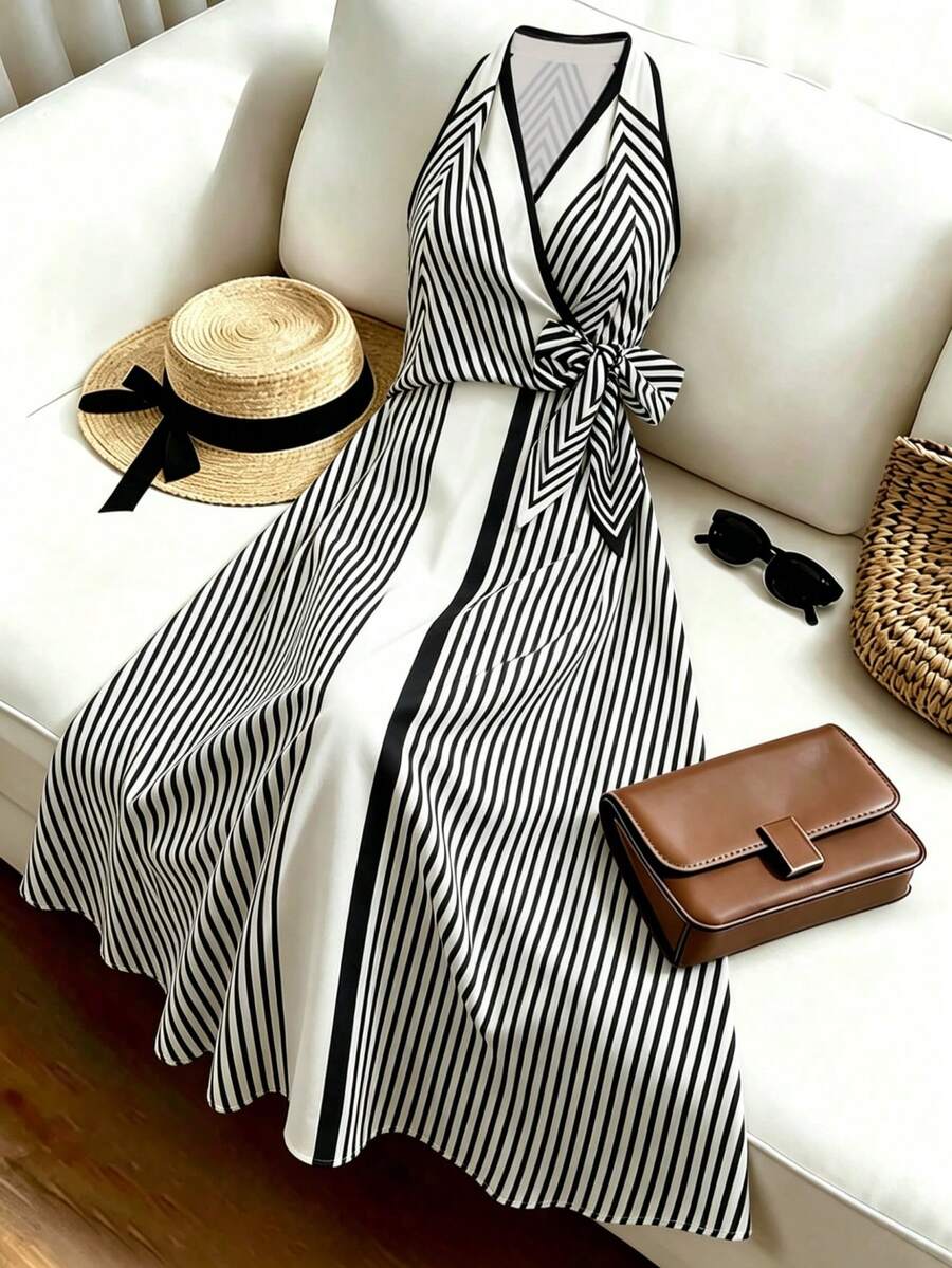 SHEIN Franclia Black & White Striped Halter Dress, Elegant Vacation Style Slimming A-Line Dress, Suitable For Commuting, Dating - Black - View 1