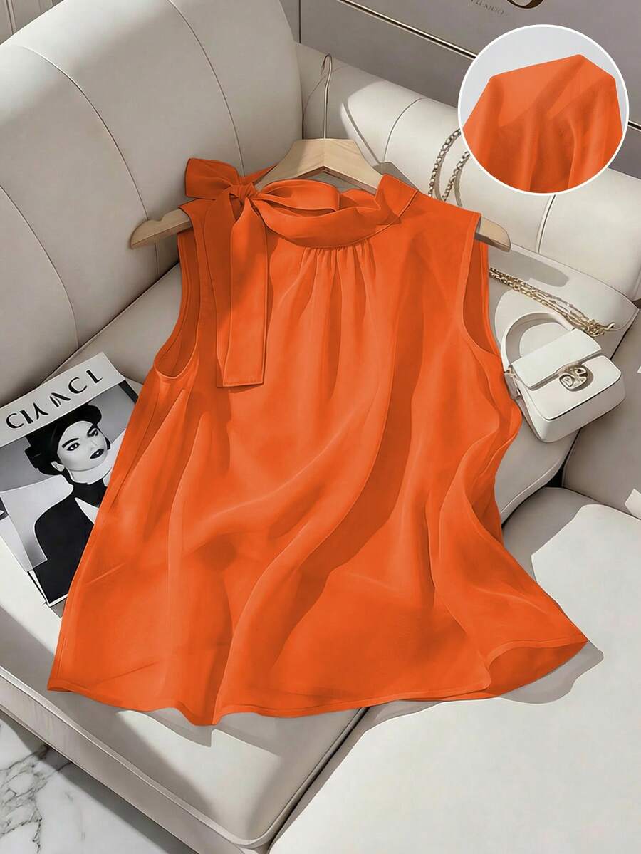 GlowEve 新款春夏时尚侧系带纽扣无袖背心上衣,法式优雅百搭女式衬衫 - 橘色 - 查看 1