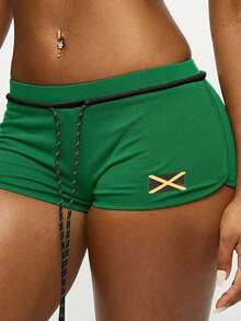 SUMWON WOMEN Jamaica Flag Shorts With Drawstring Back Print Booty Style Summer Festival Caribbean Pride - Green - View 7