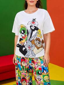 LOONEY TUNES X SHEIN 大码夏季休闲卡通图案圆领短袖T恤和短裤睡衣套装 - 白色 - 查看 4