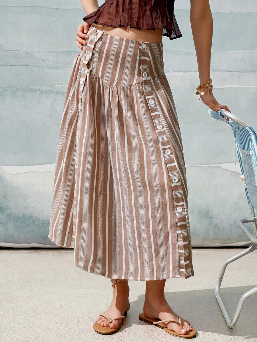 SHEIN Falda casual bohemia de mujer para otoño con lunares marrones y blancos, cintura alta, botones laterales y abertura, falda línea A, estilo bohemio para uso diario, vacaciones, playa y picnic - Caqui - Ver 1