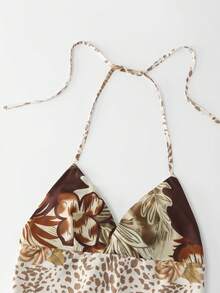 Celisse Vintage Sexy Leopard Print Multi-Color Patchwork Asymmetrical Layered Hem Halter Neck Tank Top - Multicolor - View 5