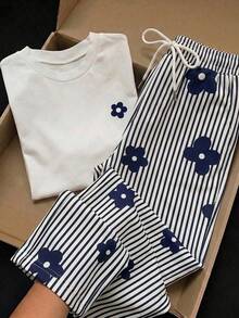 Comfortcana 2件組刺繡圓領短袖上衣搭配條紋印花長褲，休閒日常居家服，純白、海軍藍與白色花卉海軍藍，夏季款 - 藏蓝色 - 查看 1
