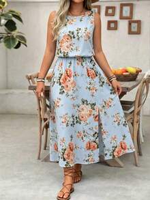 SHEIN LUNE Fresh Sweet Summer Lady Floral Print Elegant Fashion Sleeveless Plus Size Dress - Sky Blue - View 4