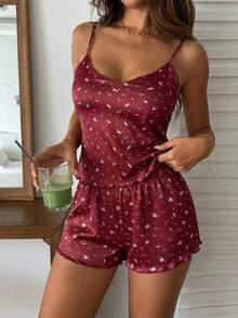 DAZY 甜美碎花無袖細肩帶背心上衣與短款睡褲 2 件組 夏季女款睡衣套裝 - 酒紅色 - 查看 3