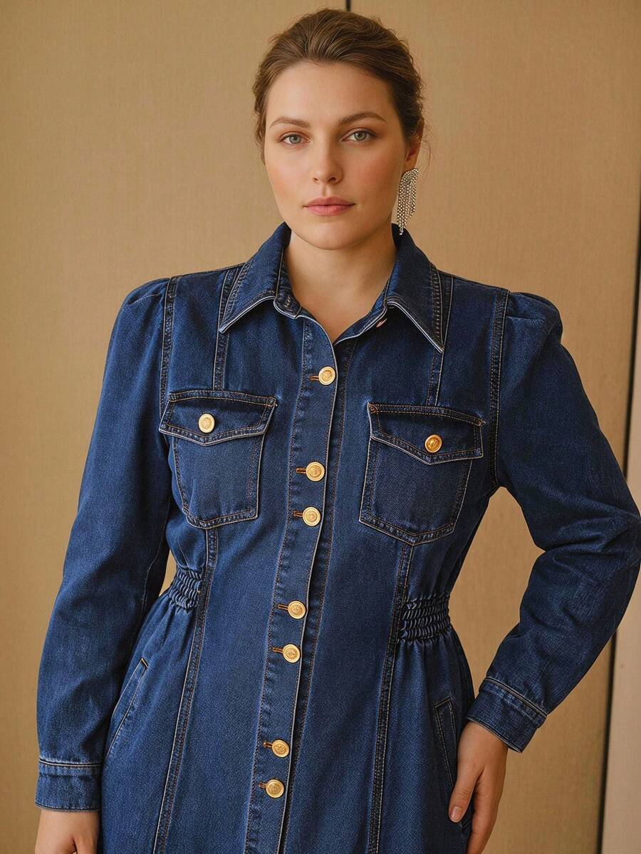MOTF PREMIUM PLUS SIZE WOMEN'S CINCHED WAIST BUTTON-DOWN DENIM DRESS - Blue - View 2