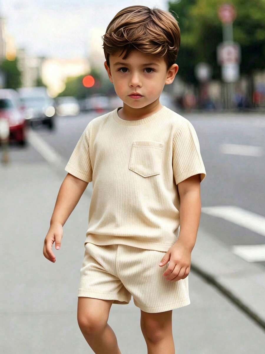 SHEIN Bộ quần áo thường ngày cho bé trai gồm áo thun ngắn tay có túi màu trơn và quần short - Màu be - Xem 1
