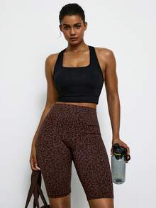 Levarali Plus Size Seamless Athletic Casual Yoga Shorts Gym Brown Summer Leopard Jacquard, Running, Aerobic Workout - Coffee Brown - View 6
