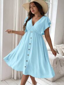 Vionelle Plus Size Women's Solid Color Button Design Casual Ruffle Dress - Blue - View 5
