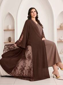 Al Najma Plus Size Women's Contrast Lace Long Sleeve Abaya - Coffee Brown - View 3