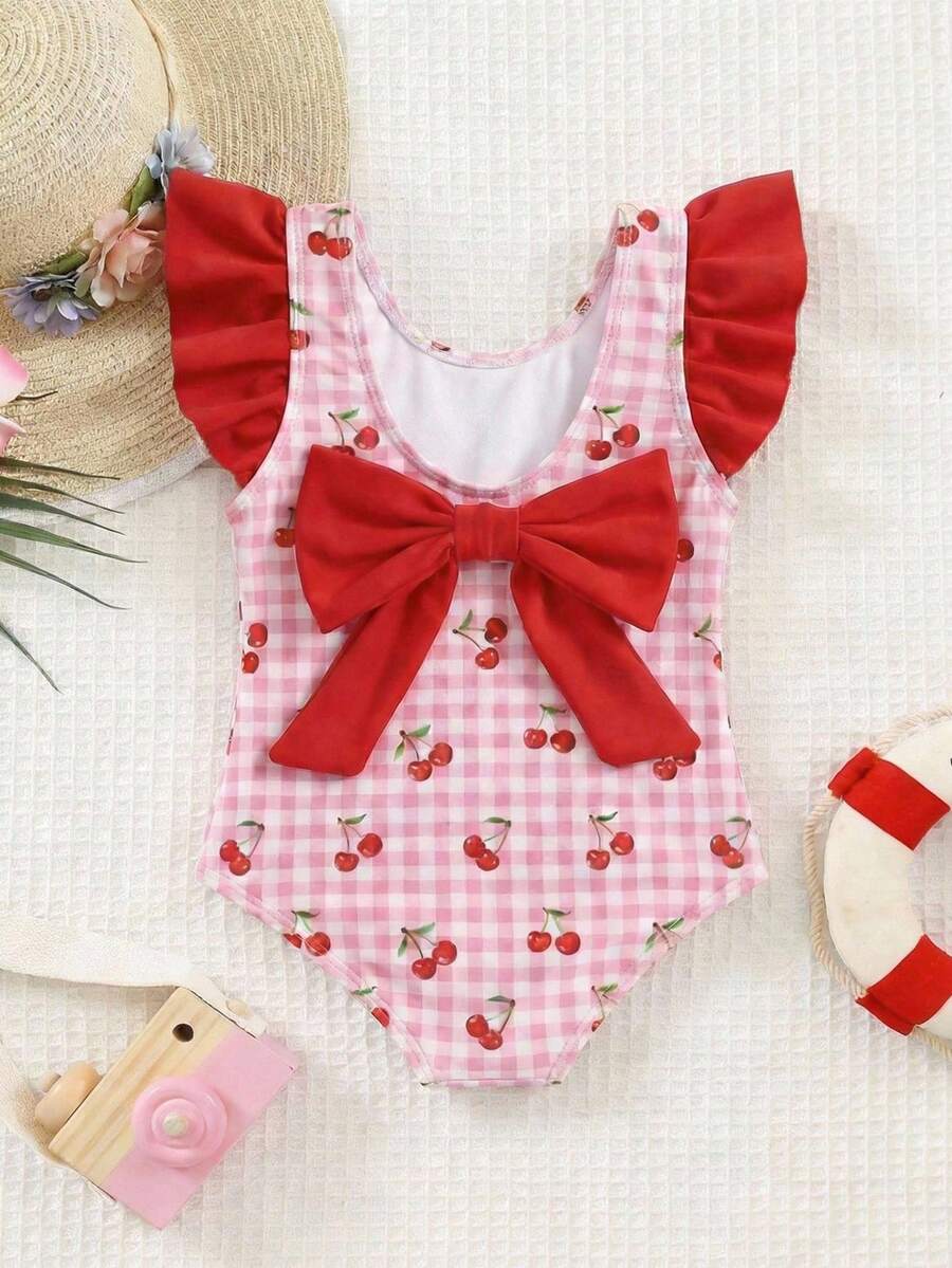 LMoss Kids Áo tắm liền thân cho bé gái in hình quả anh đào, phối bèo nhún ở nách và nơ phía sau, kiểu dáng đi biển/nghỉ mát. - Nhiều màu - Xem 1