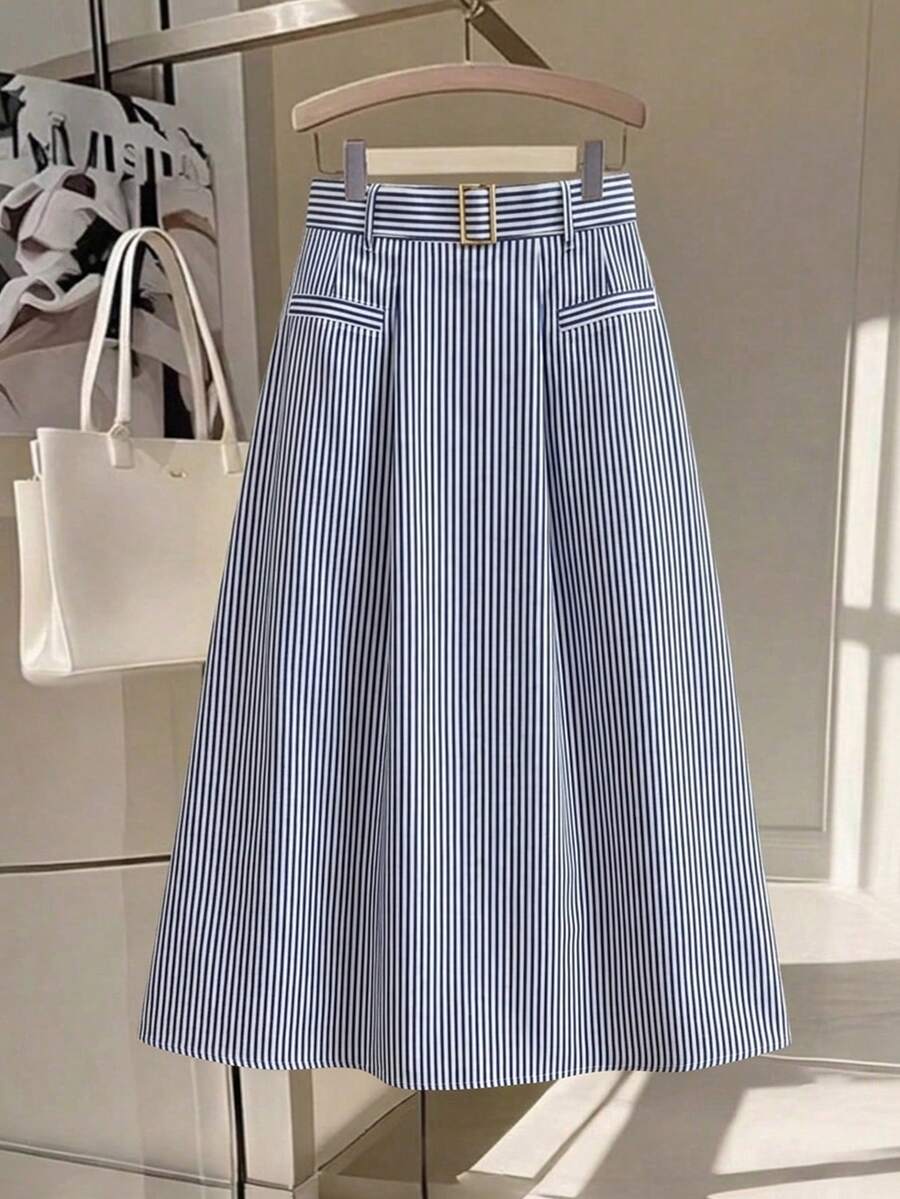 GlowEve CURVE Women's Fashion Elegant A-Line Striped Skirt With Elastic Waistband, Invisible Zipper And Metal Button, Suitable For Daily, Commuting And Business Wear - Blue - View 1
