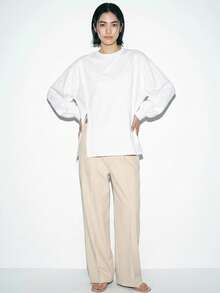 FRIFUL 纯色女式侧开衩落肩T恤，秋季服装长袖女式上衣 - 白色 - 查看 11