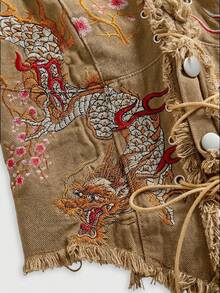 ROMWE 女款復古機車風 J-FASHION 新中式刺繡掛脖性感牛仔上衣 - 卡其色 - 查看 3