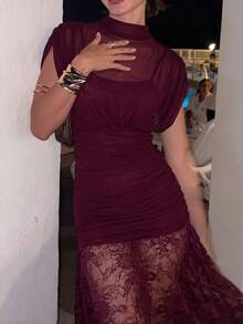 Firerie Women's Lace Patchwork Pleated Elegant Lace Sexy Waist-Cinched Party Dinner Club Night Dress Burgundy Summer - Burgundy - View 6