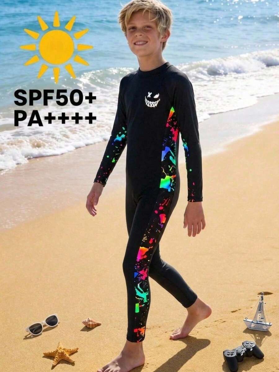 SHEIN Tween BoyCasual Colorful Tie-Dye Printed Short Sleeve One-Piece Rash Guard - Multicolor - View 1
