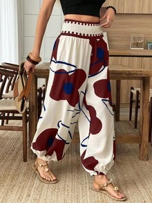 Elouméa 女款春夏度假彈性腰燈籠褲，女款休閒度假長褲，時尚花卉印花，夏季穿搭 - 彩色 - 查看 5