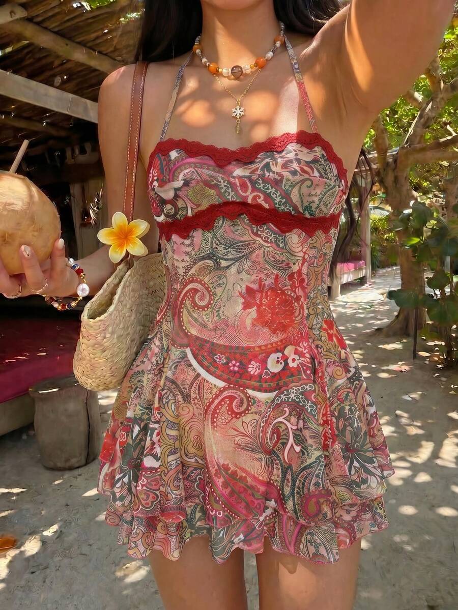 Sunnyshic 女款夏季休閒度假時尚百搭日常街頭風波希米亞佩斯利印花雙層不對稱下擺拼色蕾絲拼接細肩帶繫帶蝴蝶結短洋裝 - 橘色 - 查看 1