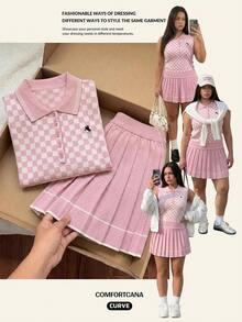 Comfortcana Plus Size Women's Tennis Style Checkerboard Knit Tank Top And Pleated Knit Skirt Set - Pink - View 6