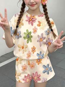 Tween Girl Casual Minimalist Cute Fun Textured Floral Print Short Sleeve T-Shirt And Shorts 2-Piece Set Suitable For Summer - Multicolor - View 2