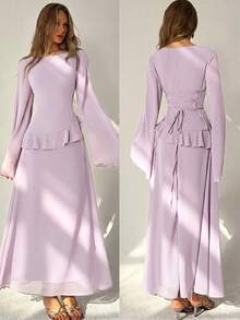 Aloruh Women's Elegant Off-Shoulder Flared Sleeve Ruffle Ruched-Back A-Line Lilac Extra Long Dress - Lilac Purple - View 2