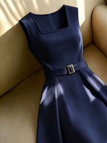 Weeklong Women's Plus Size Summer 1 Piece Commute Elegant Square Neck Sleeveless Waist-Cinched A-Line Dress Slimming Concealing Body-Flattering High-End Mid-Length Tank Dress - Navy Blue - View 3