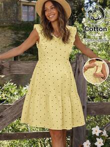 Boho Mama Vestido de maternidad y lactancia con textura de lunares y bajo con volantes - Amarillo - Ver 1