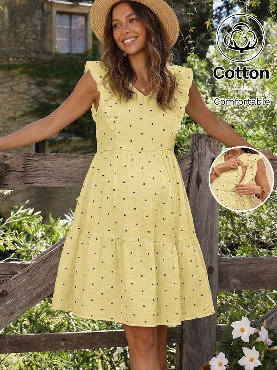 Boho Mama Vestido de maternidad y lactancia con textura de lunares y bajo con volantes - Amarillo - Ver 1