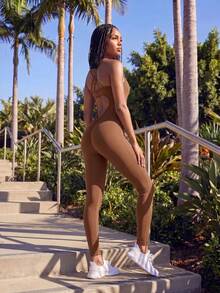 CAJUNI Active Wear Printed Sports Brown Seamless Jumpsuit - Brown - View 1