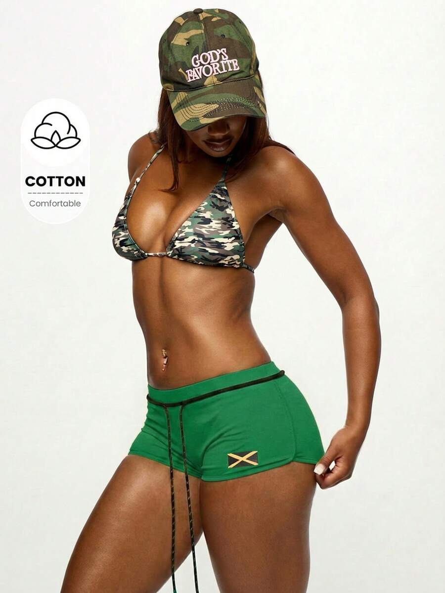 SUMWON WOMEN Jamaica Flag Shorts With Drawstring Back Print Booty Style Summer Festival Caribbean Pride - Green - View 1