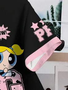 THE POWERPUFF GIRLS X SHEIN 女式休闲可爱花朵、泡泡、毛茛图案短袖 T 恤，夏季 - 白色 - 查看 4