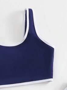 SHEIN 青少年女孩比基尼套裝 可愛休閒保守款 背心式雙肩帶泳衣套裝 上衣搭配三角褲與四角褲 時尚休閒 精緻優雅 女士適用 適合游泳、夏季度假、海灘、海邊、泳池、夏日假期派對、休閒度假 - 藏蓝色 - 查看 4