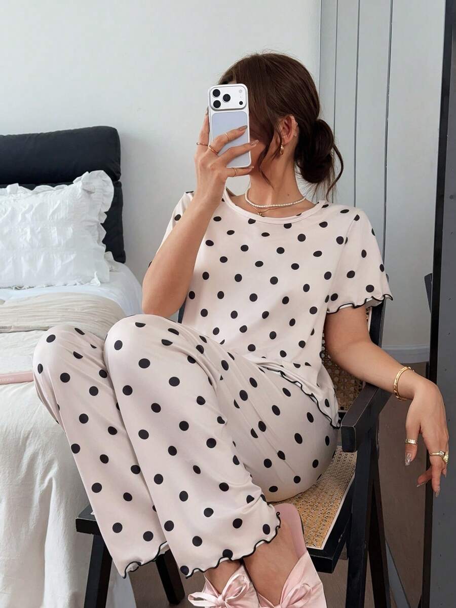 Napfluff 女款圓點印花休閒圓領短袖睡衣套裝 - 粉色 - 查看 1