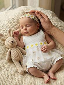 Souflis Souflis 2pcs Baby Girls' Casual Vintage Elegant Cute Daisy Embroidery Ribbon & Mesh Outfit Set, Suitable For Spring/Summer Outings - White - View 9