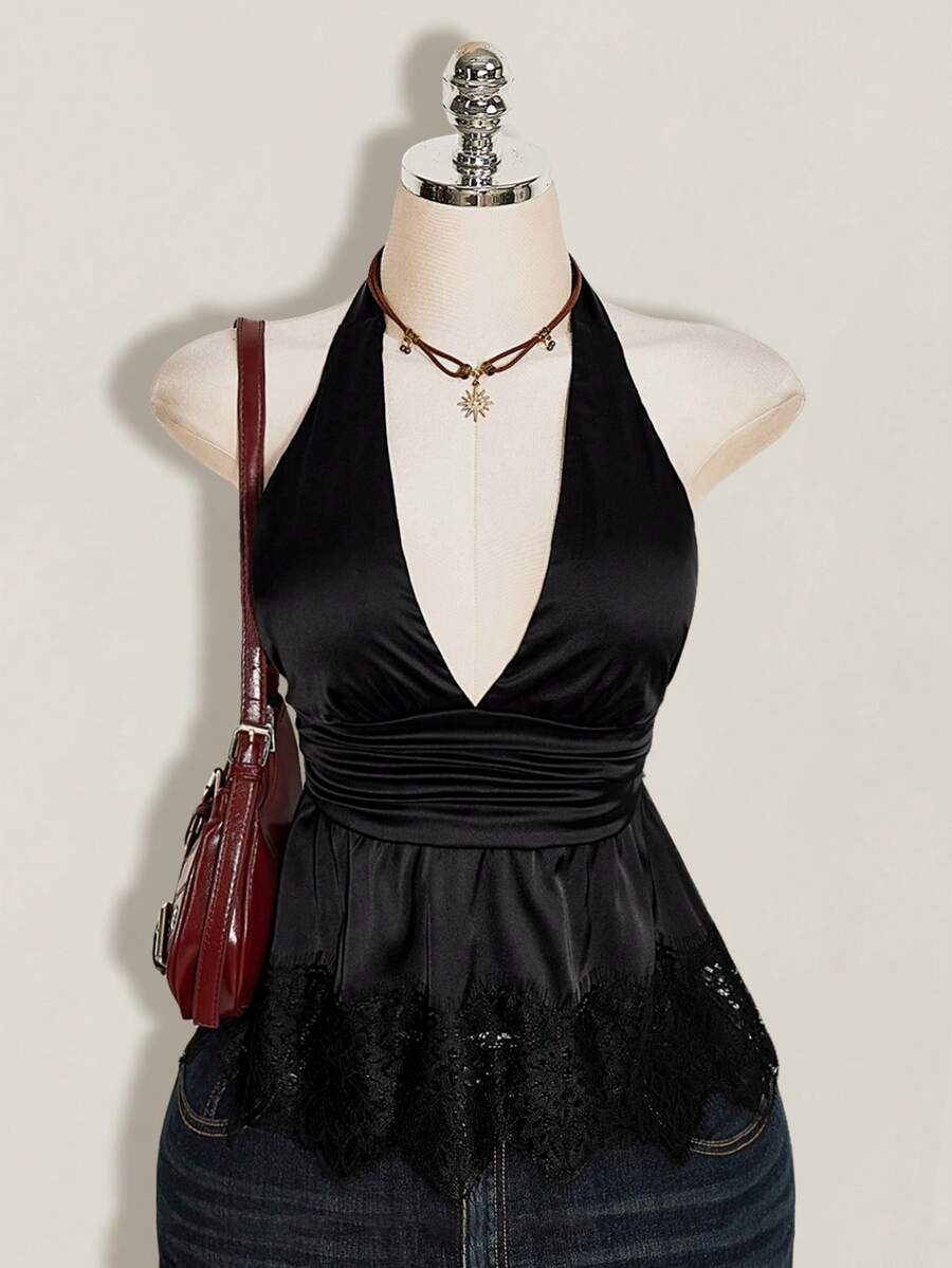 SHEIN ICON 女款素色深V領抓皺腰部性感掛脖上衣 - 黑色 - 查看 1