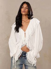SHEIN BAE Women's Solid Color Ruffle Front Tie Contrast Lace Fashion Shirt - White - View 6