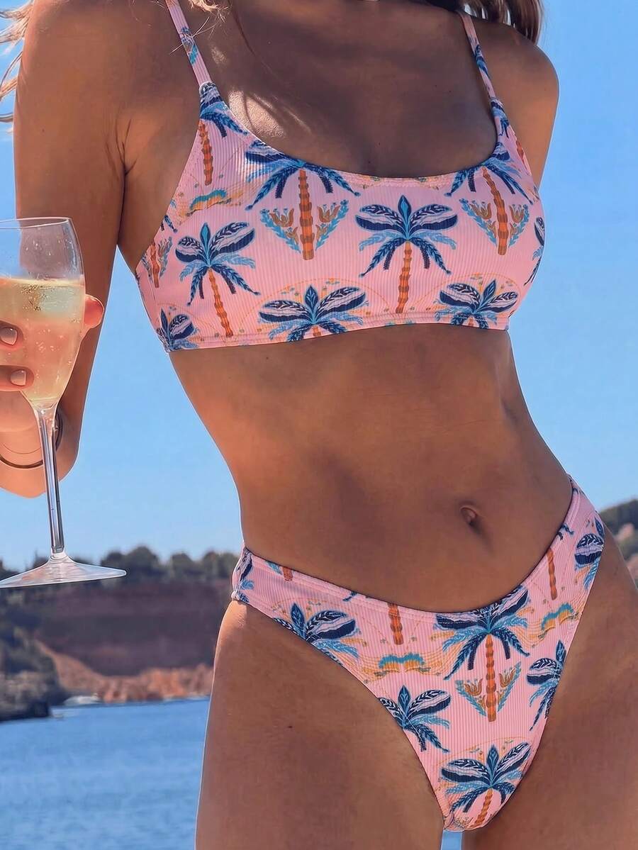 Swim Vcay 女款夏季海灘棕櫚樹印花性感時尚比基尼兩件式泳衣套裝 - 粉色 - 查看 1