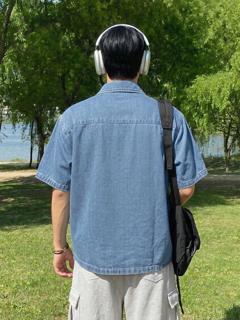 Short Sleeve Blue Washed Vintage Letter Print Design Casual Denim Shirt For Men Summer