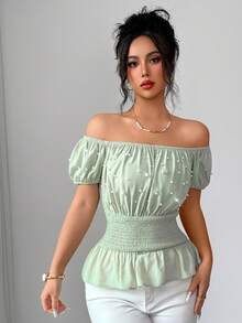 Modelyn Off-Shoulder Short Sleeve Cinched Waist Slim Fit Blouse, Spring/Summer Date Brunch Daytime Tea Party Golf Sage Green Elegant Romantic Sexy - Green - View 5
