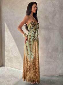 Aloruh Women's Spaghetti Strap Beaded Decor Leopard Print Fitted Long Dress - Black - View 2