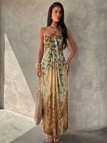 Aloruh Women's Spaghetti Strap Beaded Decor Leopard Print Fitted Long Dress - Black - View 5