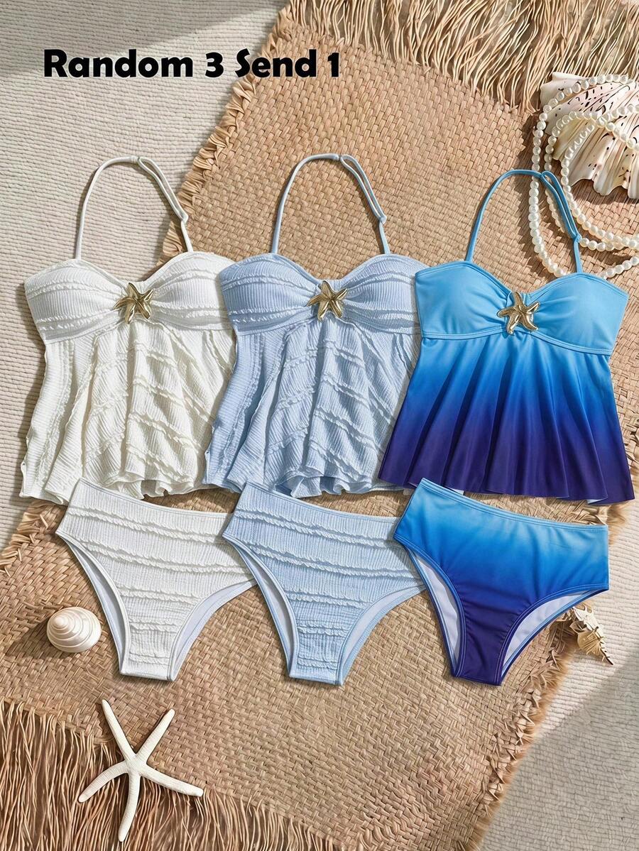 SHEIN Tween Girl Tween Girl Printed Polka Dot Halter Tankini Swimwear Set, Suitable For Beach, Vacation - Blue - View 1