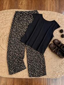 Elaquor Plus Size Women's Solid Color Round Neck Cap Sleeve Waist Knot Top Floral Wide Leg Pants Casual Elegant 2-Piece Set Brunch Office Dinner Black - Black - View 2