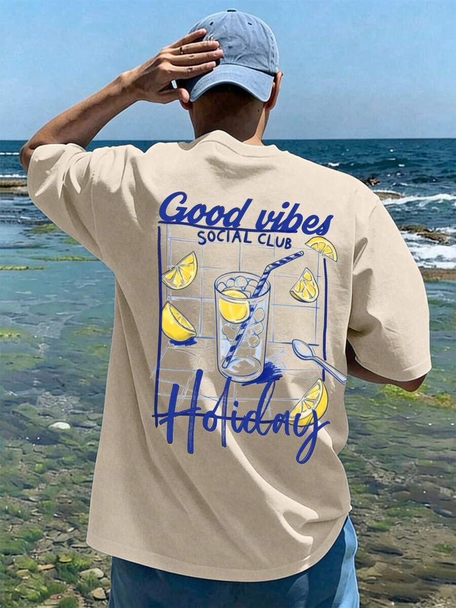 Manfinity Chillmode 「Good Vibes」休閒度假風男士短袖T恤!清新檸檬印花 + 隨性標語,藍色 & 杏色清新配色 + 療癒印花,度假濾鏡街頭風 - 彩色 - 查看 1
