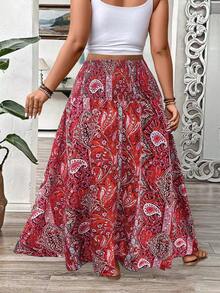 EMERY ROSE Falda maxi con estampado de flores y paisley, volantes en el bajo para mujeres de talla grande - Rojo - Ver 2